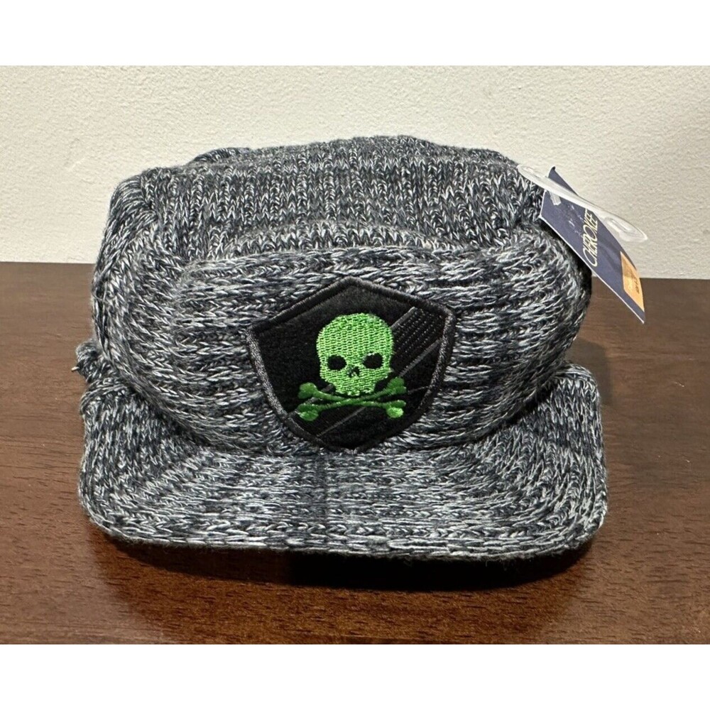 Cherokee  boys one size 4 to 16 gray  winter visor  hat with green skull pattern